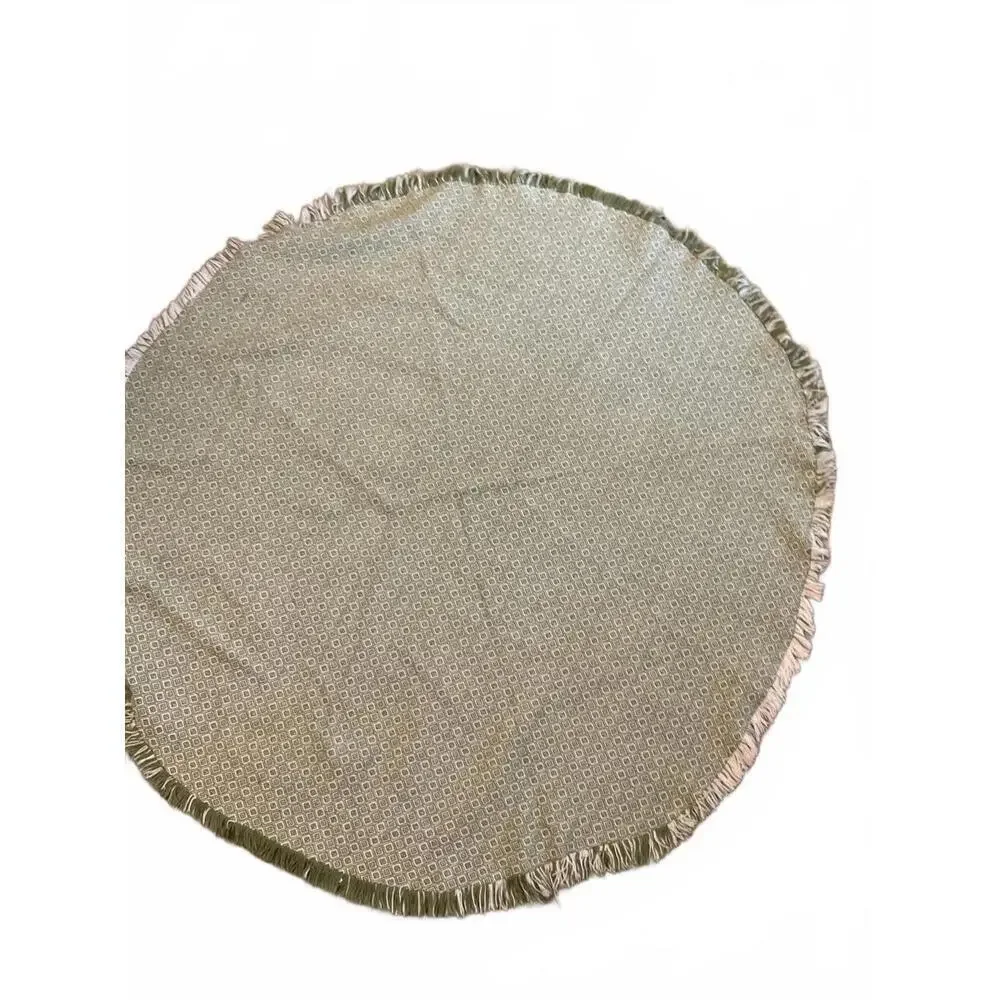 Round Green Woven Country  Colonial Geometric Patterned Tablecloth with Fringe